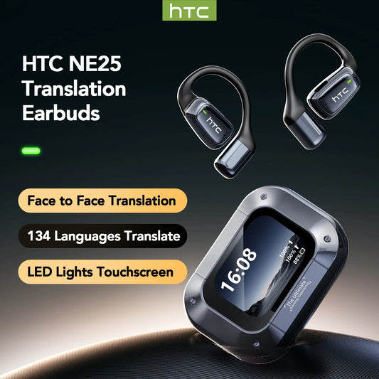 HTC NE25 translation earbuds with charging case on a dark background