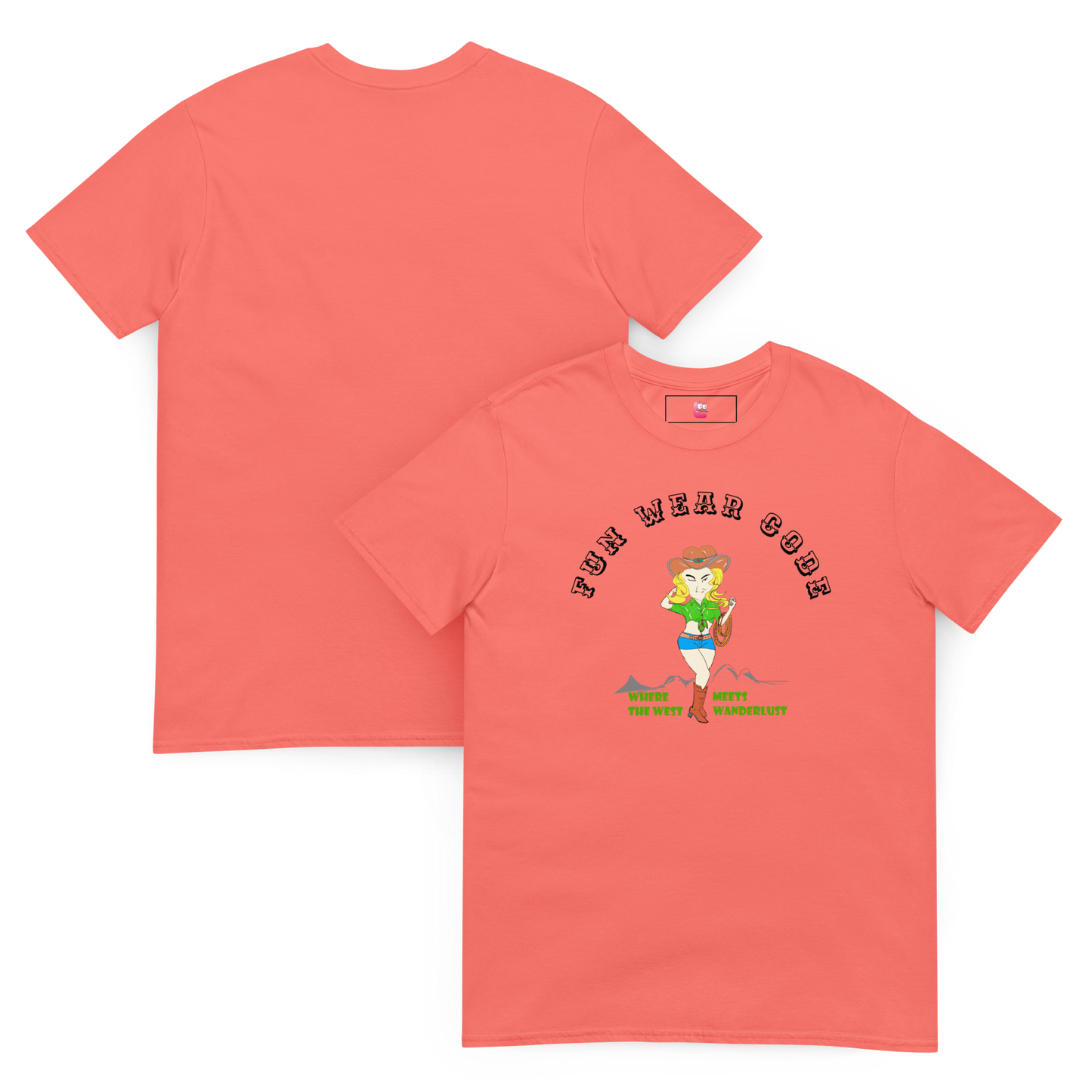 Coral t-shirt with a graphic of a cowgirl and text "Fun Wear Code" on a white background