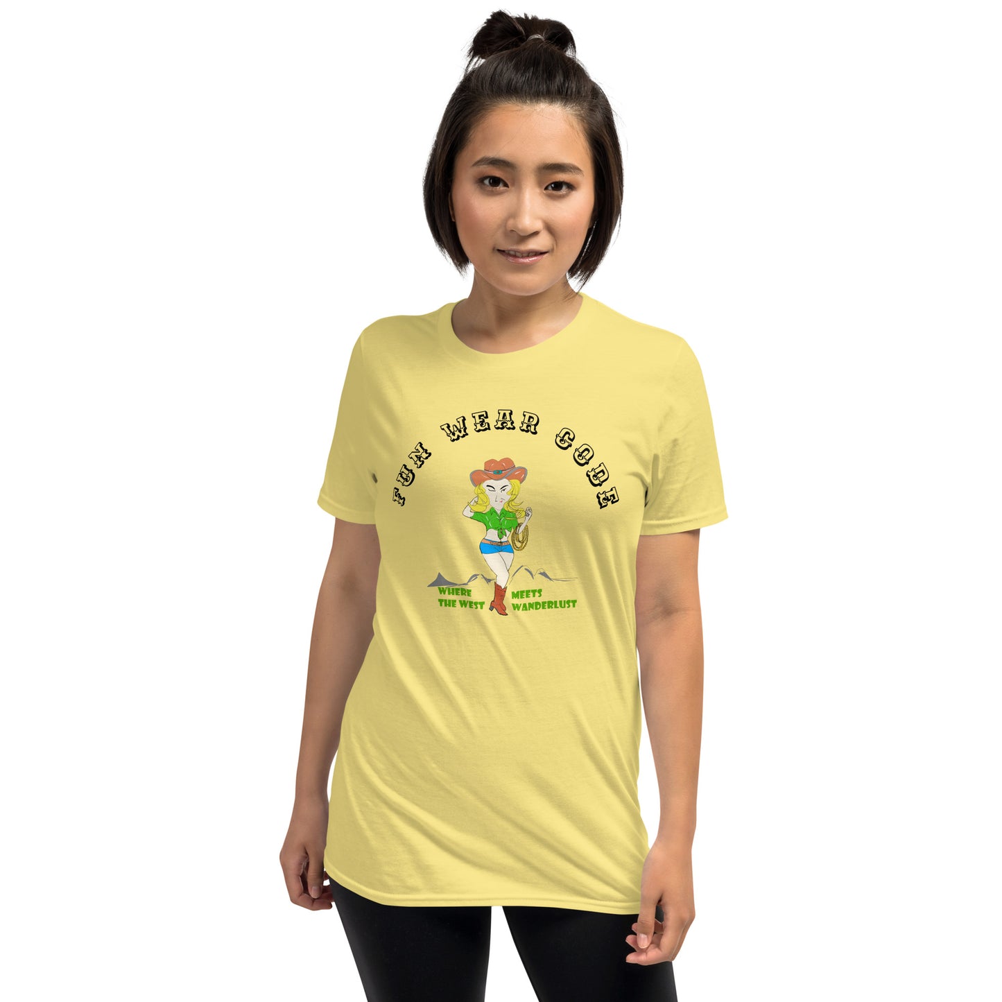 Person wearing a yellow t-shirt with a graphic of a cowgirl and text "Fun Wear Code" on a white background