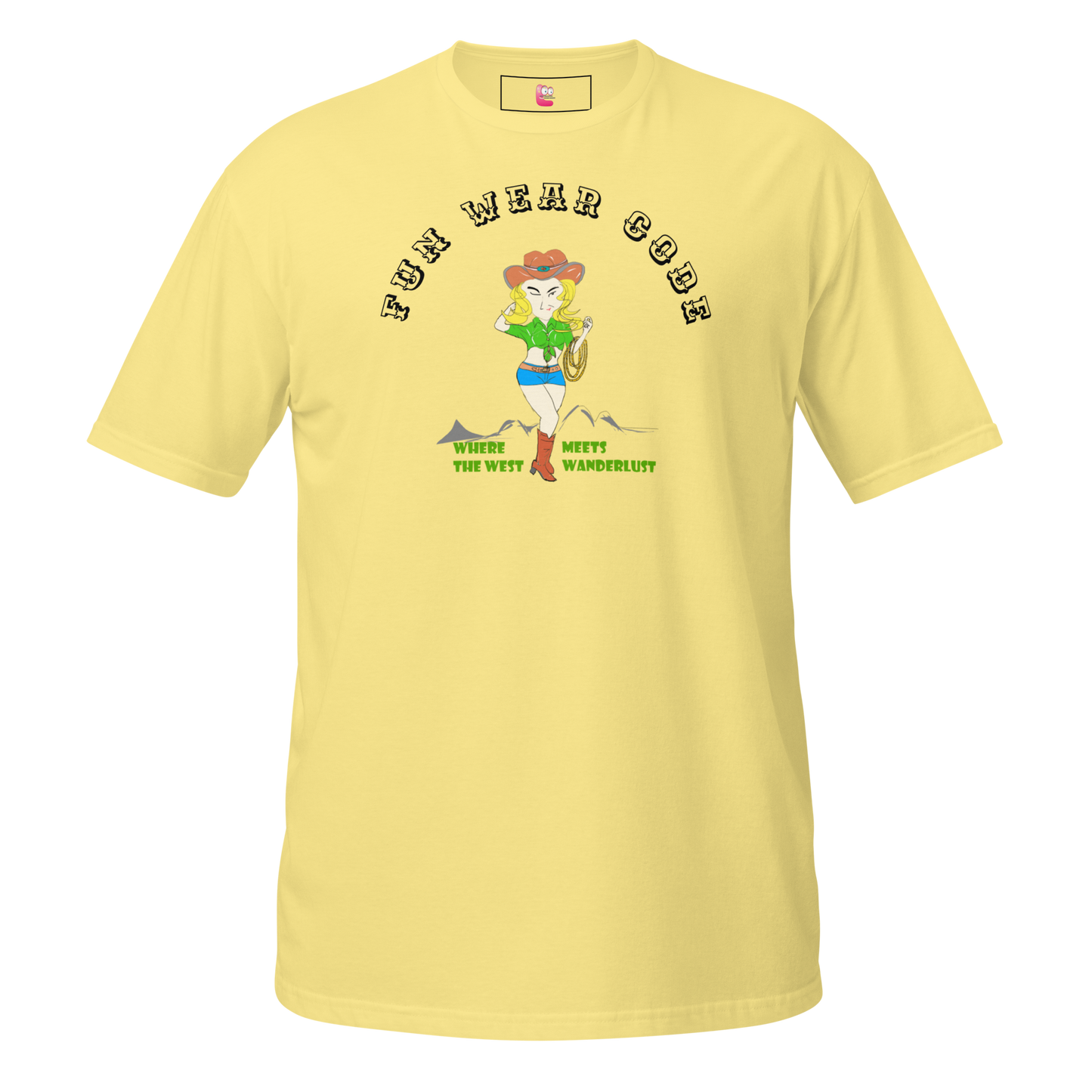 Yellow t-shirt with a graphic of a cowgirl and text "Fun Wear Code" on a white background