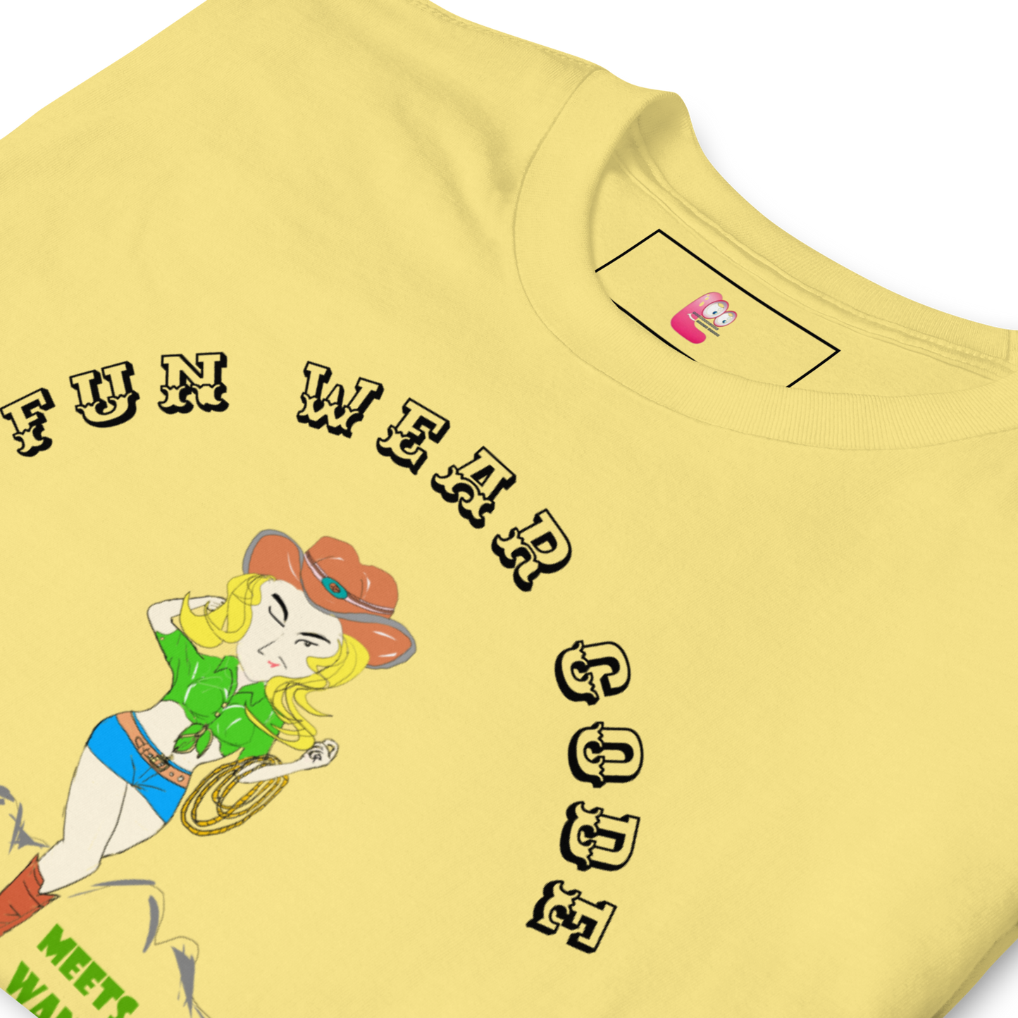 Yellow t-shirt with a graphic of a cowgirl and text "Fun Wear Code" on a white background