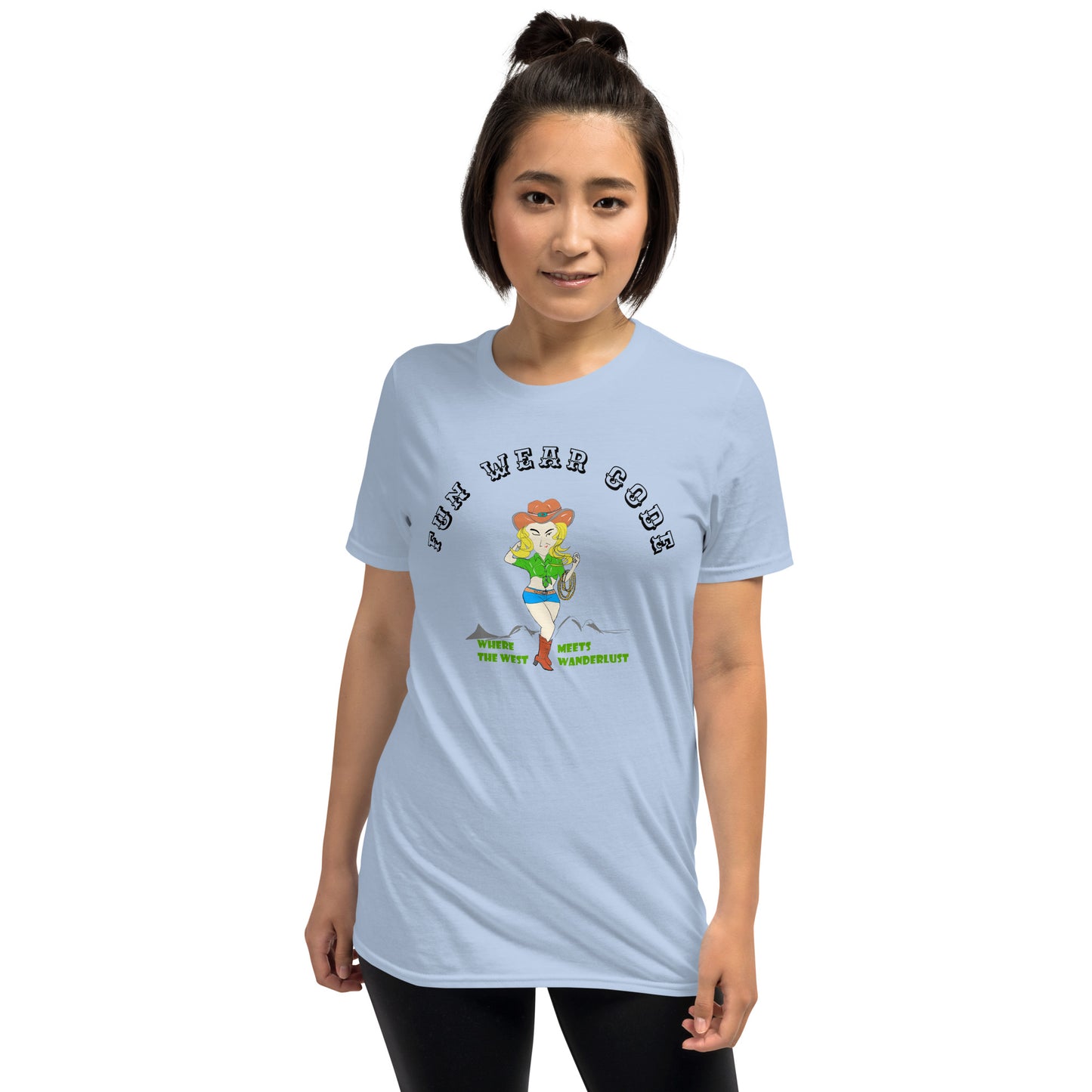Woman wearing a light blue t-shirt with a graphic design of a cowgirl and text " FUN WEAR CODE" on a white background