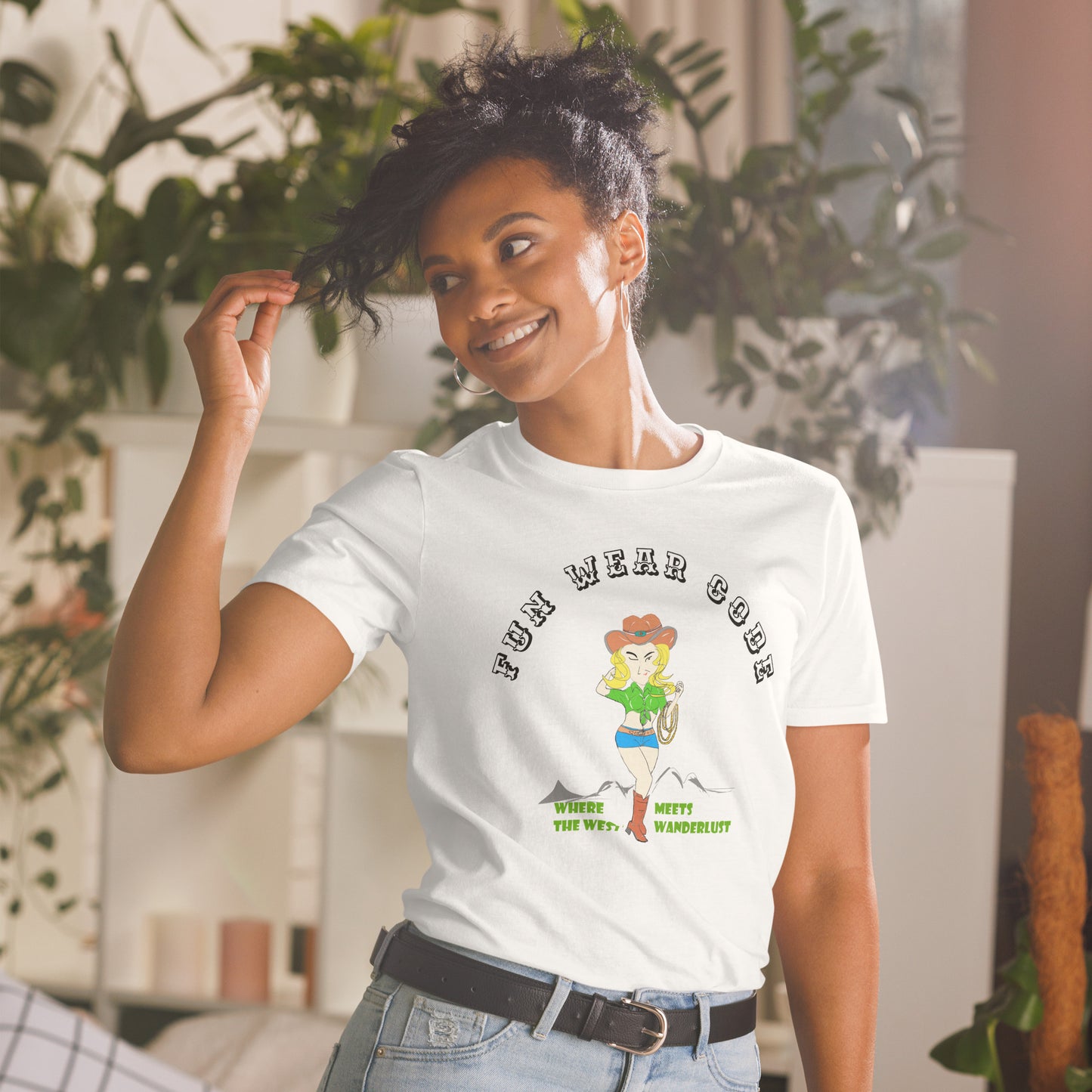Woman wearing a white t-shirt with a graphic design of a cowgirl and text " FUN WEAR CODE" in a casual setting