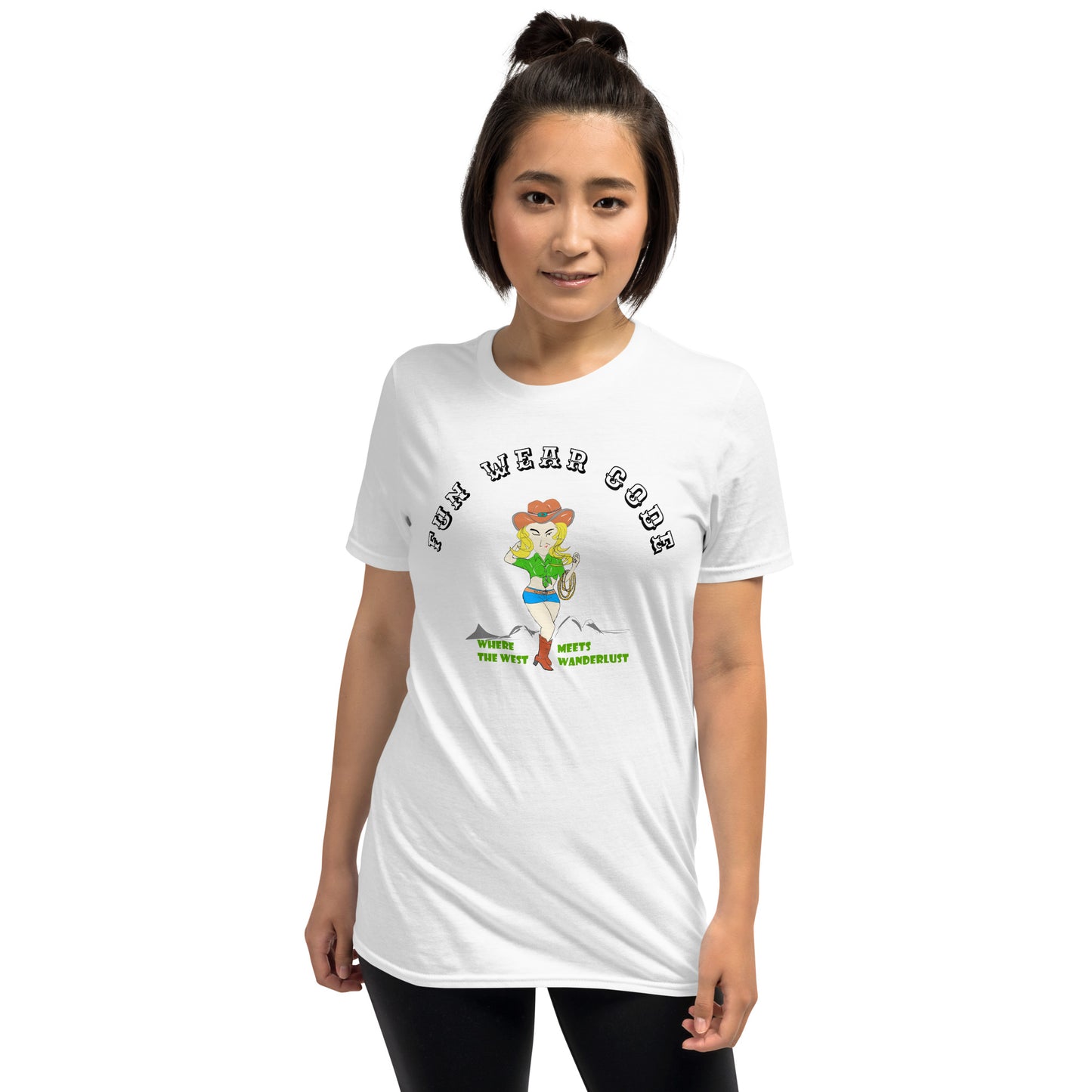 Woman wearing a white t-shirt with a graphic of a cowgirl and text "Fun Wear Code" on a white background