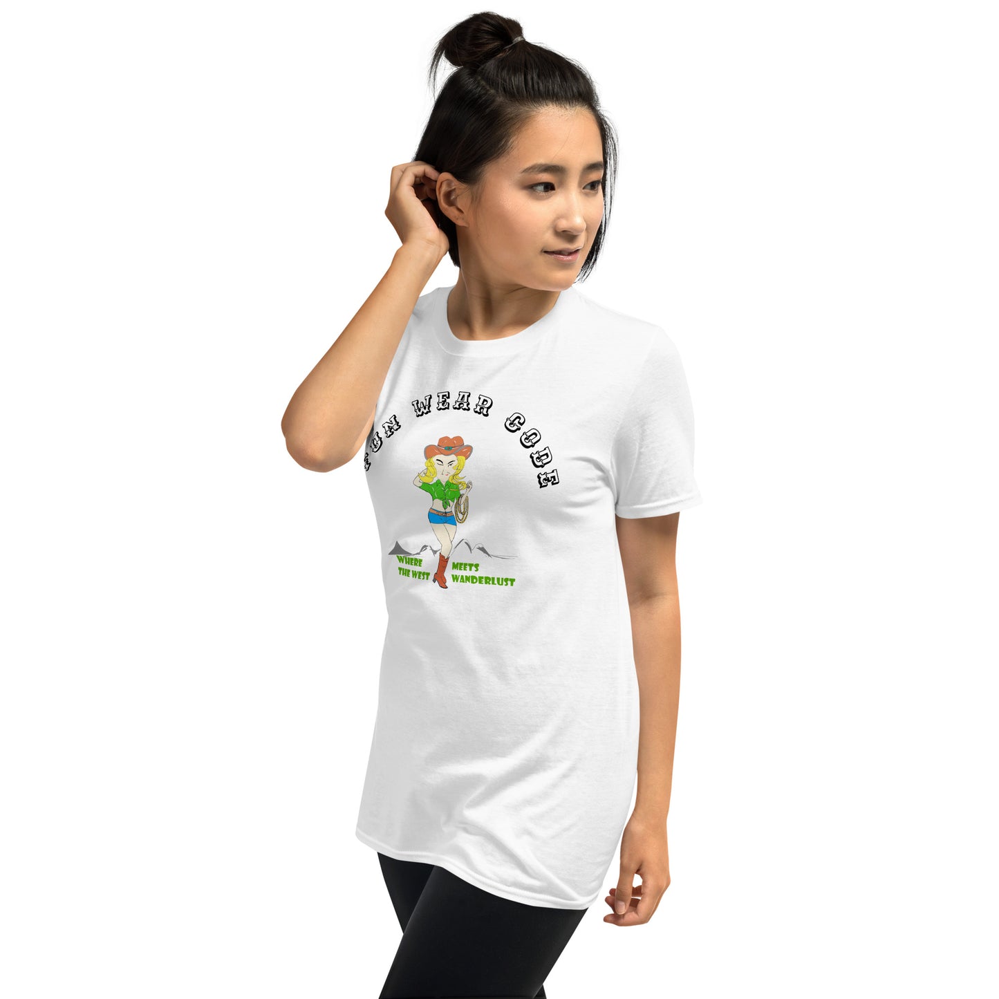 Woman wearing a white t-shirt with a graphic of a cowgirl and text "Fun Wear Code" on a white background