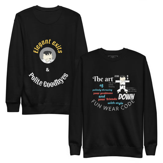 Two black sweatshirts with colorful text and judo graphics together with a 'FUN WEAR CODE' text logo on a white background