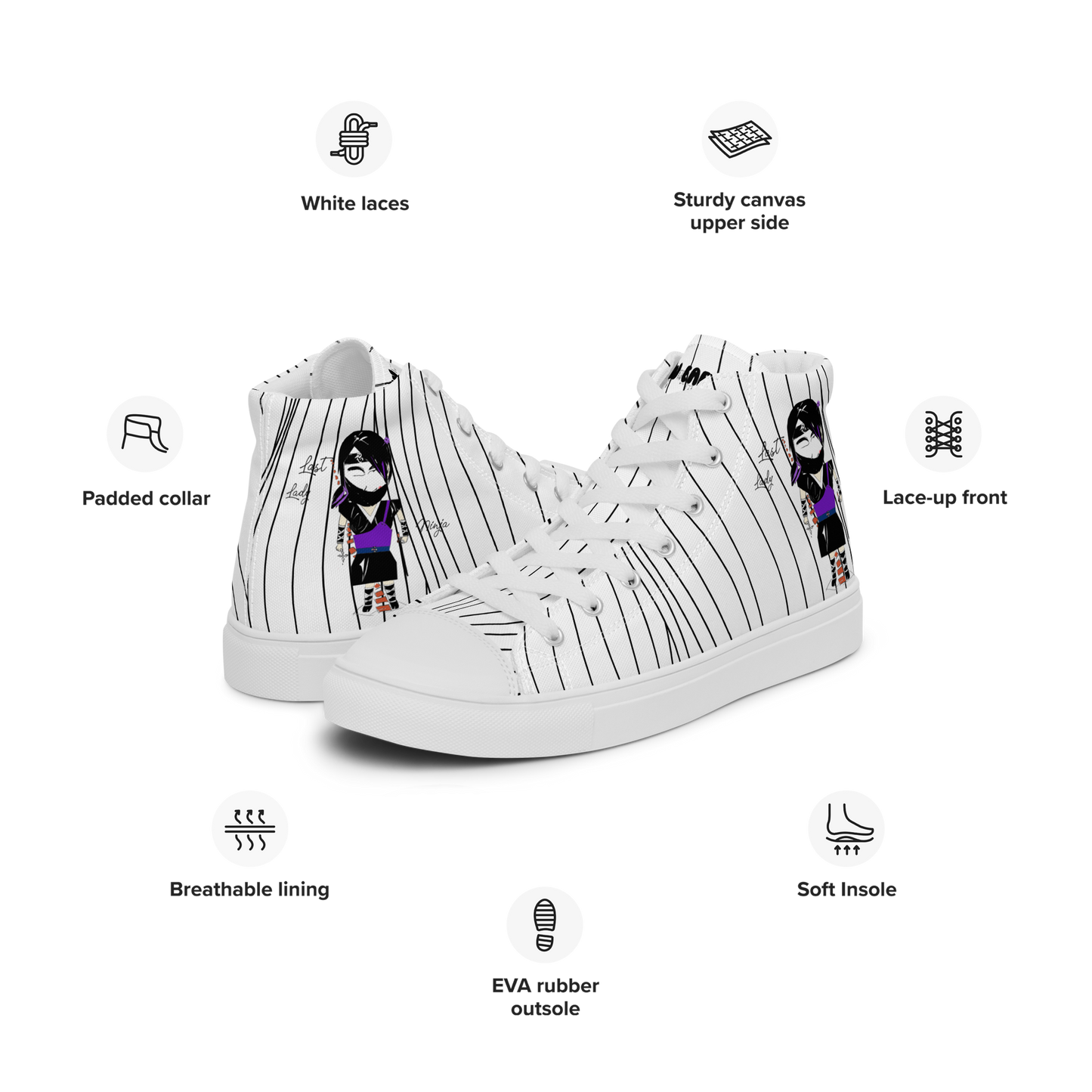 White stripe sneakers with a ninja graphic design on a white background, featuring text labels funwearcode.