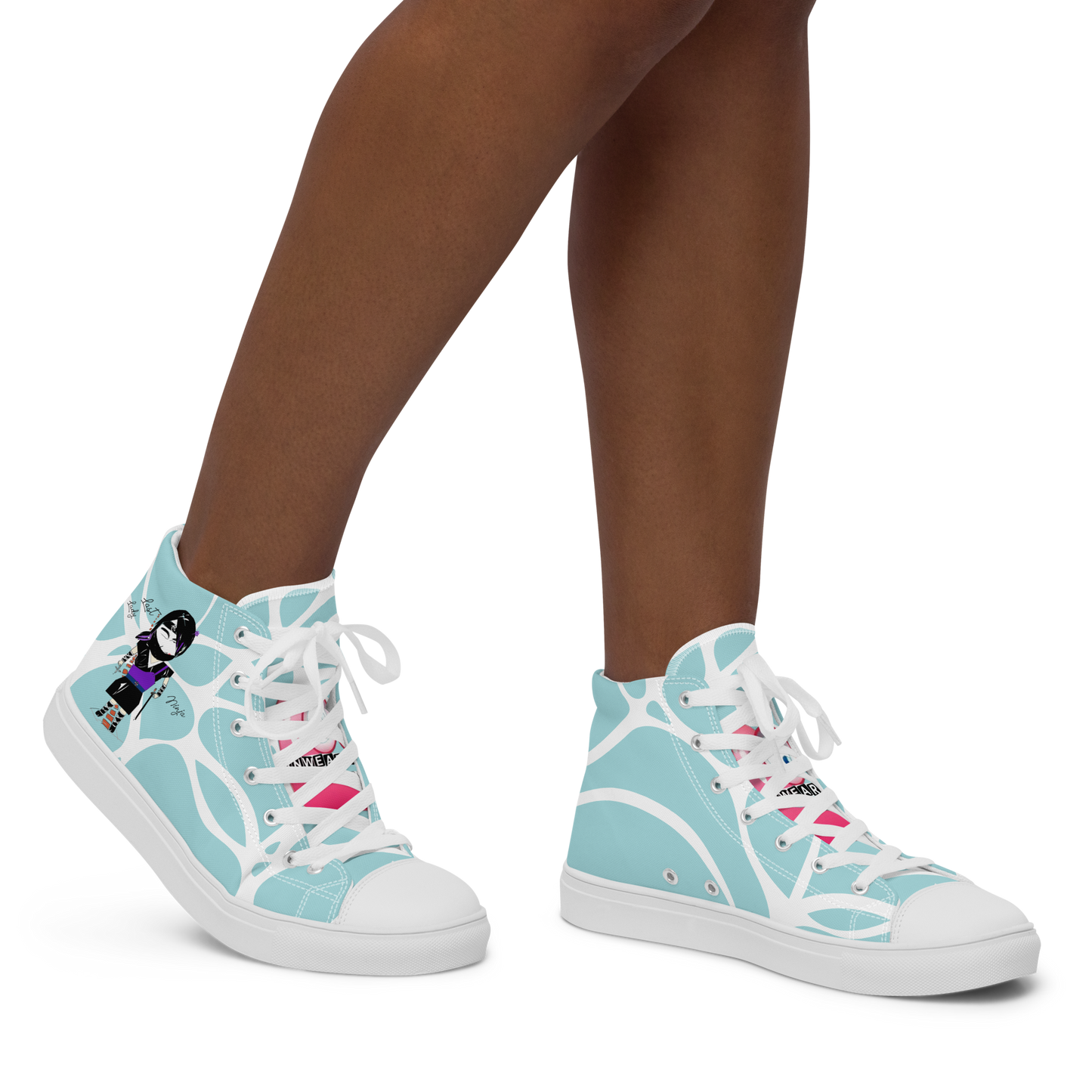 Light blue high-top sneakers with a lady ninja graphic design, featuring text 'Last lady ninja', with white laces worn by a person on a white background
