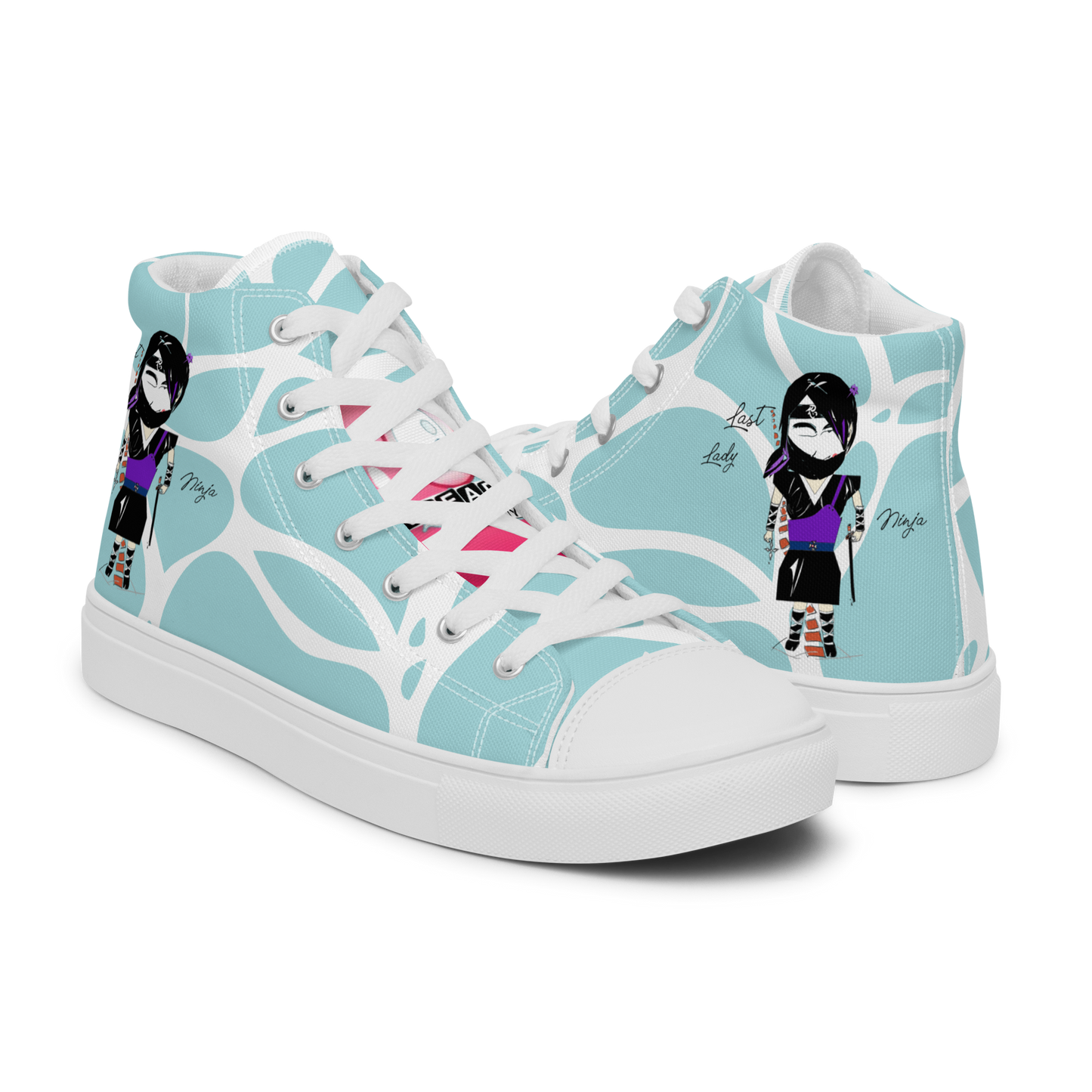 Pair of high-top sneakers with a lady ninja graphic design on a white background, featuring text 'Last lady ninja' on a light blue pattern background