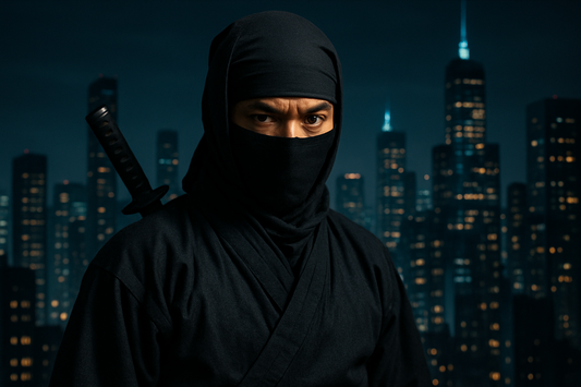 A Ninja facing at you with a background of metropolitan