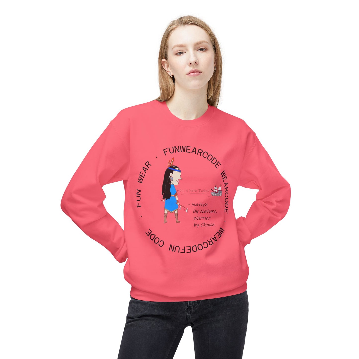 A girl wearing a pink sweatshirt with an American Indian woman graphic design and text 'Fun Wear Code' on a white background