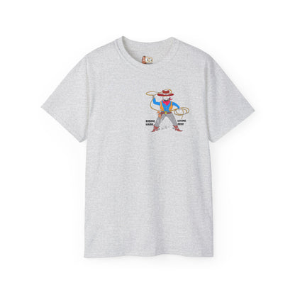 Front view of a gray t-shirt with an American cowboy graphic design on a white background