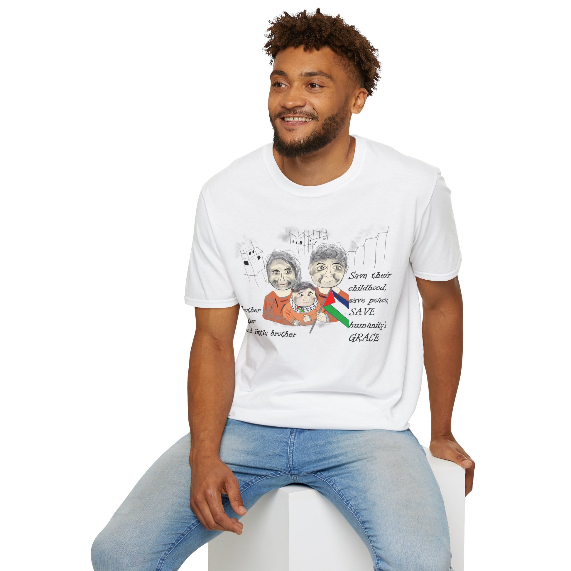 Front view of a man model wearing a white t-shirt with a Palestinians support graphic design sitting on a white stool.