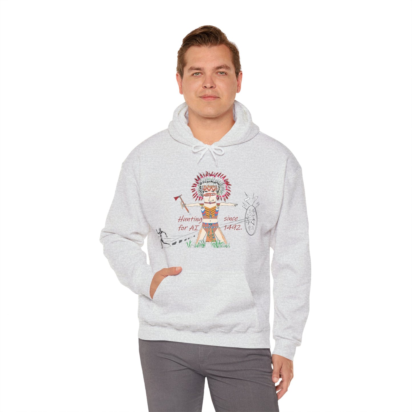 Man wearing a gray hoodie with an American Indian man hunting for AI graphic design and text on a white background