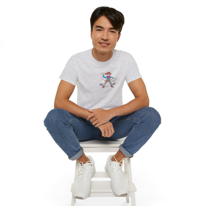 Front view of a man model wearing a gray t-shirt with a cowboy graphic design, sitting on a white stool against a white background