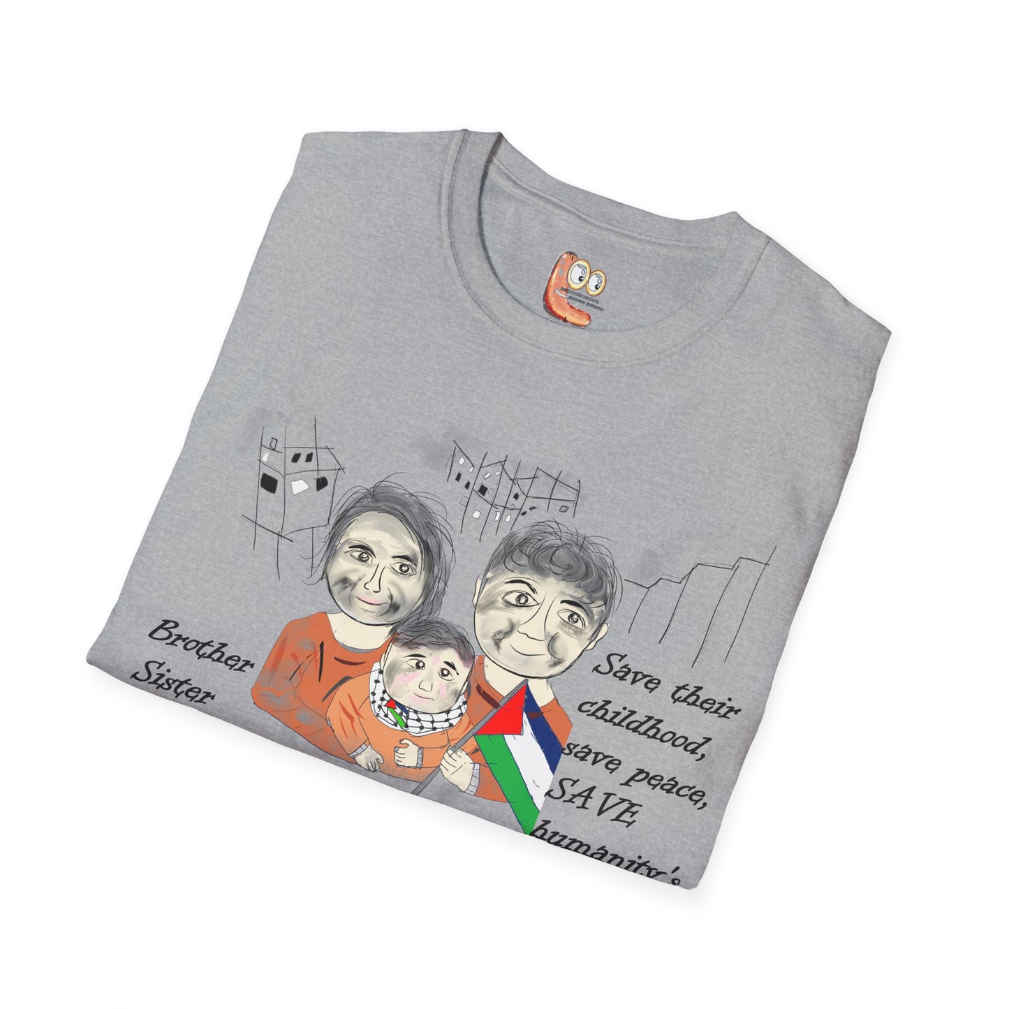 Front view of a folded gray t-shirt with a Palestinians support graphic design and text on a white background.