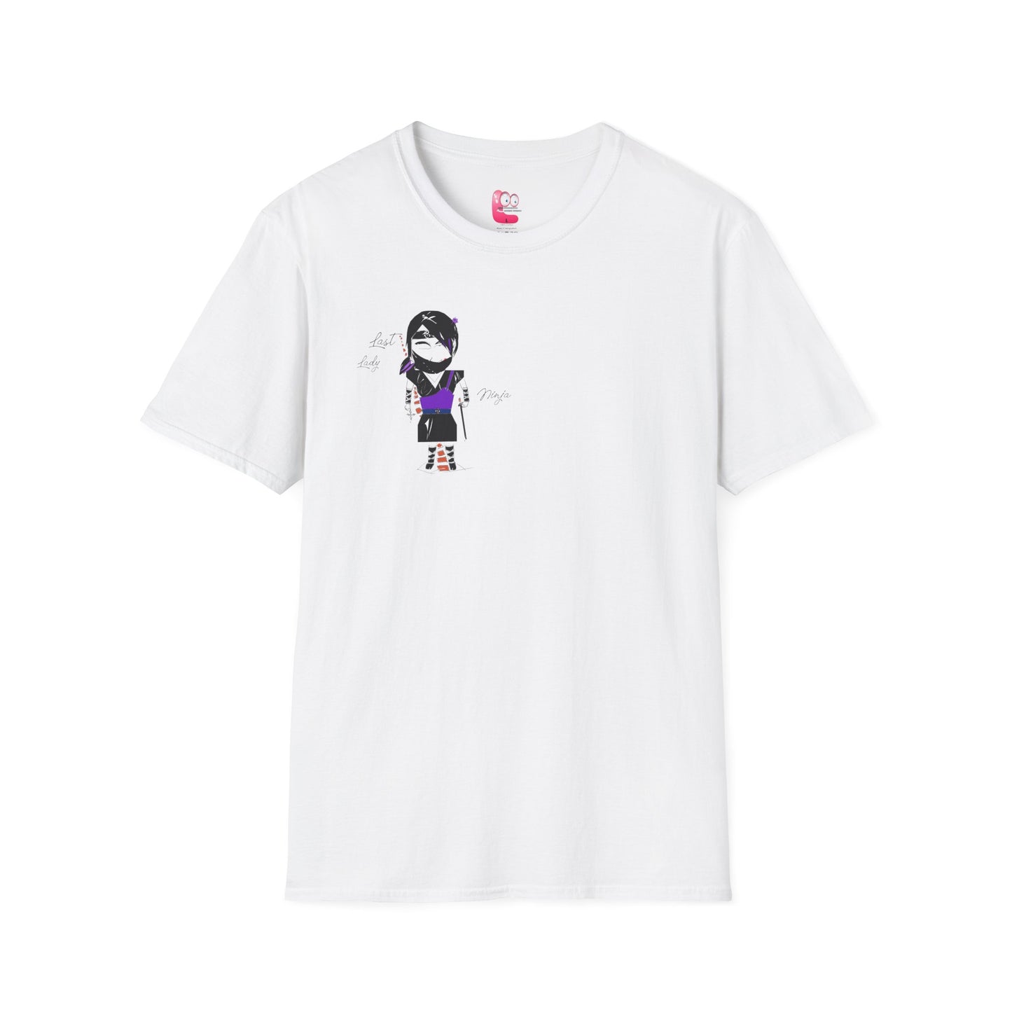 White t-shirt with a ninja graphic design on a white background