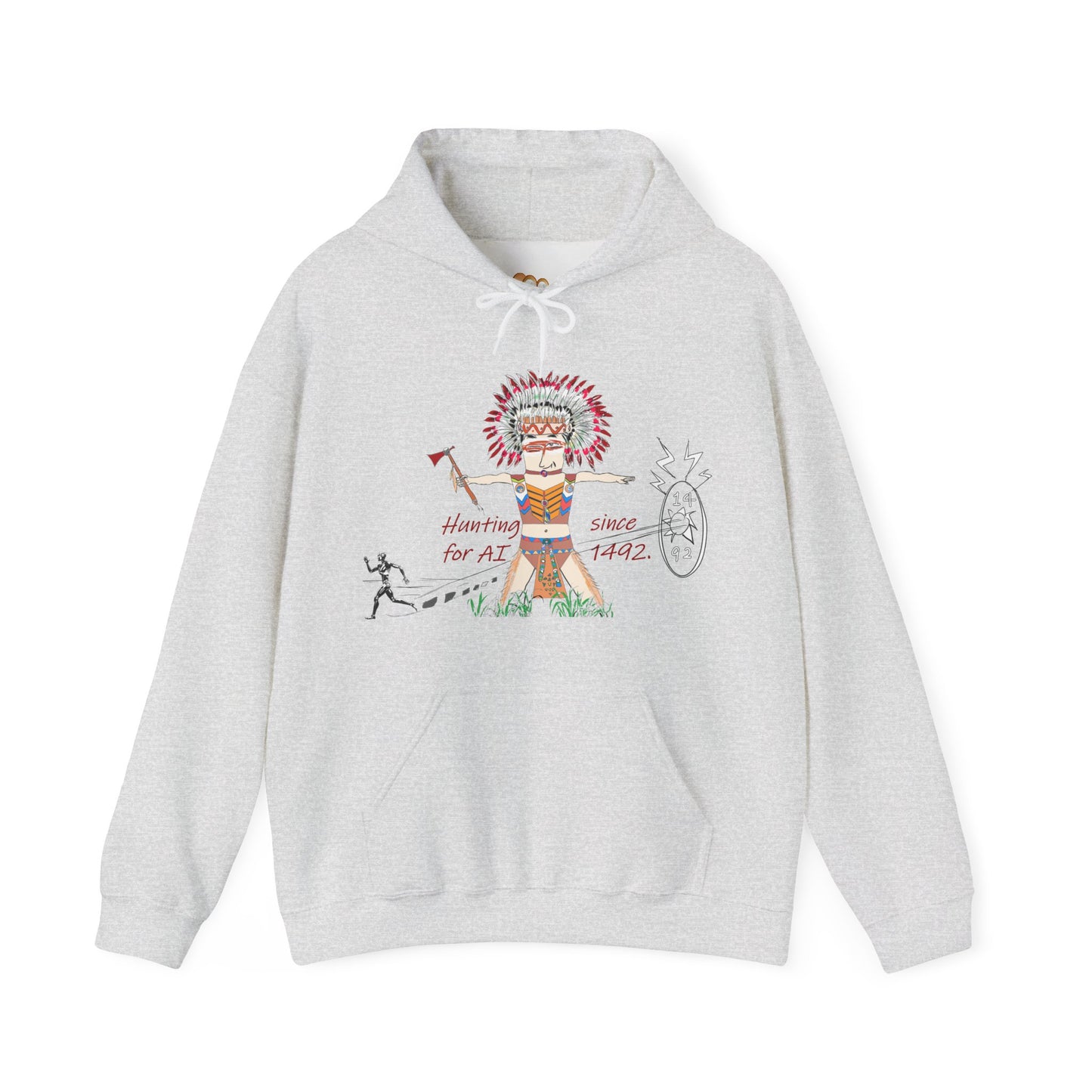 Gray hoodie with a colorful American native Indian graphic design on a white background