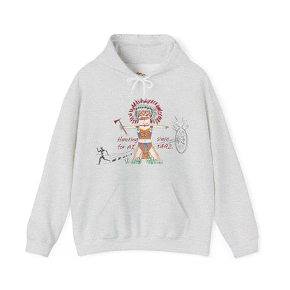 Gray hoodie with a colorful American native Indian graphic design on a white background