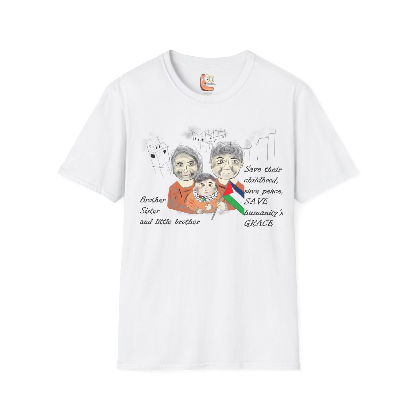 Front view of white t-shirt with a Palestinians support graphic design and text on a white background