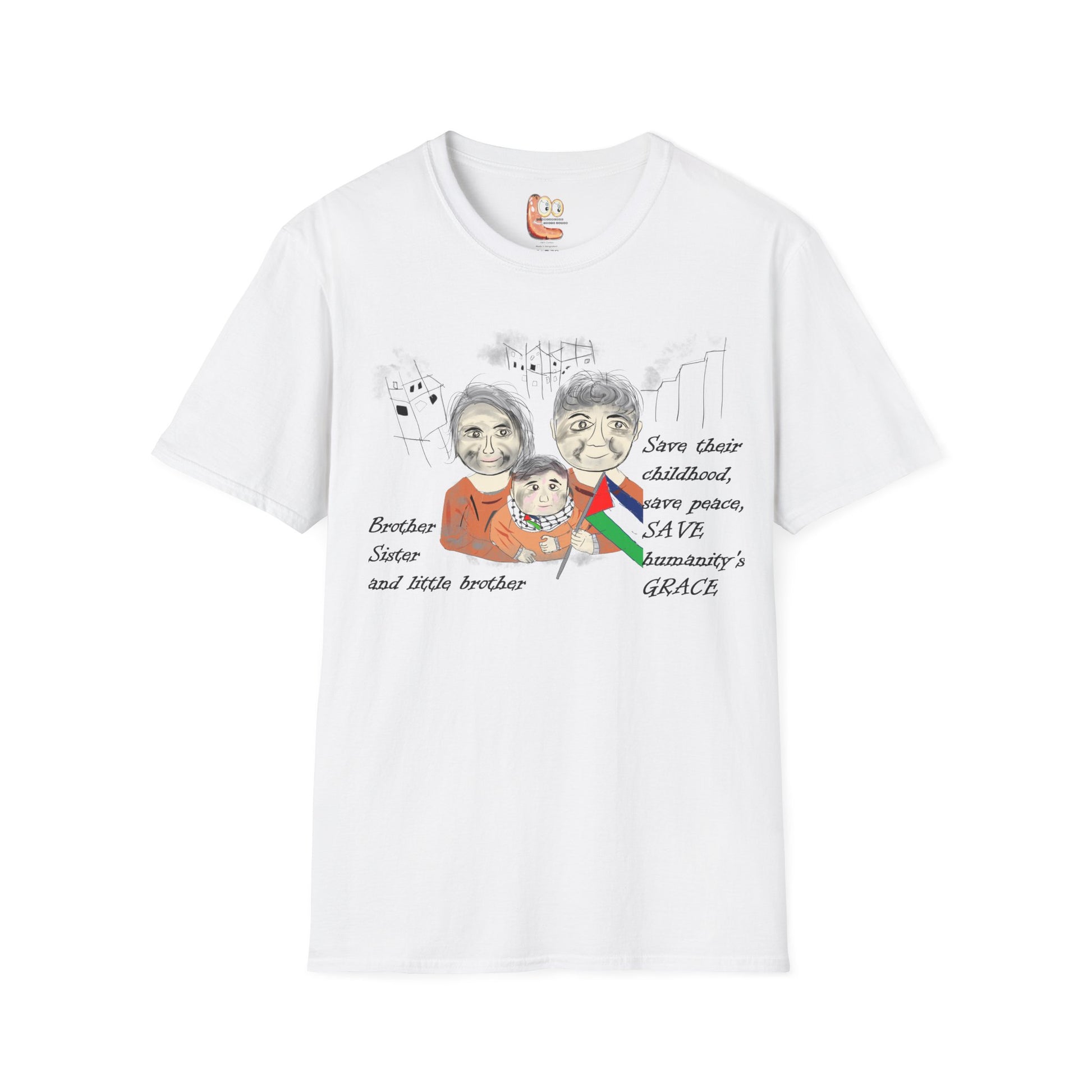 Front view of white t-shirt with a Palestinians support graphic design and text on a white background