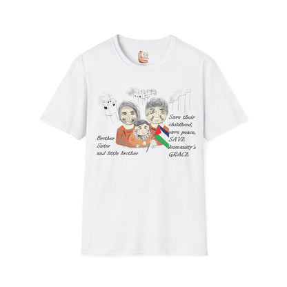 Front view of white t-shirt with a Palestinians support graphic design and text on a white background
