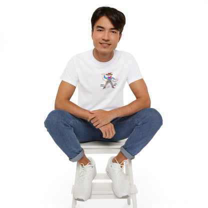 Front view of a man model wearing a white t-shirt with a cowboy graphic design, sitting on a white stool against a white background