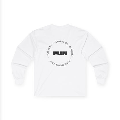 Back view of a white long-sleeve shirt with a FUN graphic design on a white background