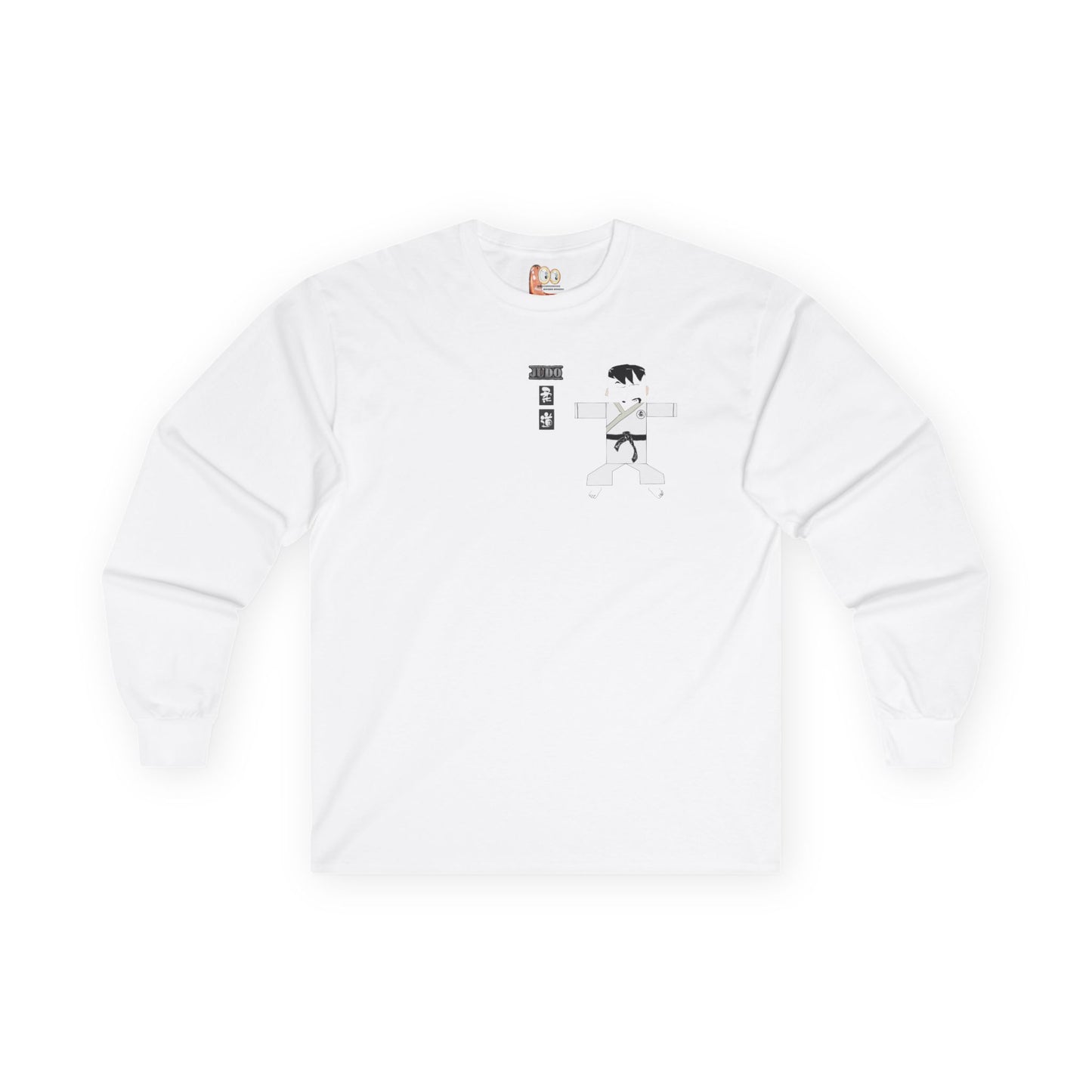 Front view of a white long-sleeve shirt with a judo man graphic design on a white background