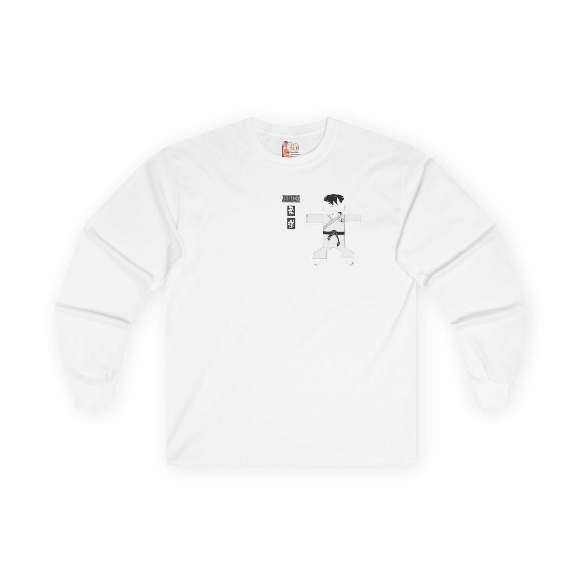Front view of a white long-sleeve shirt with a judo man graphic design on a white background