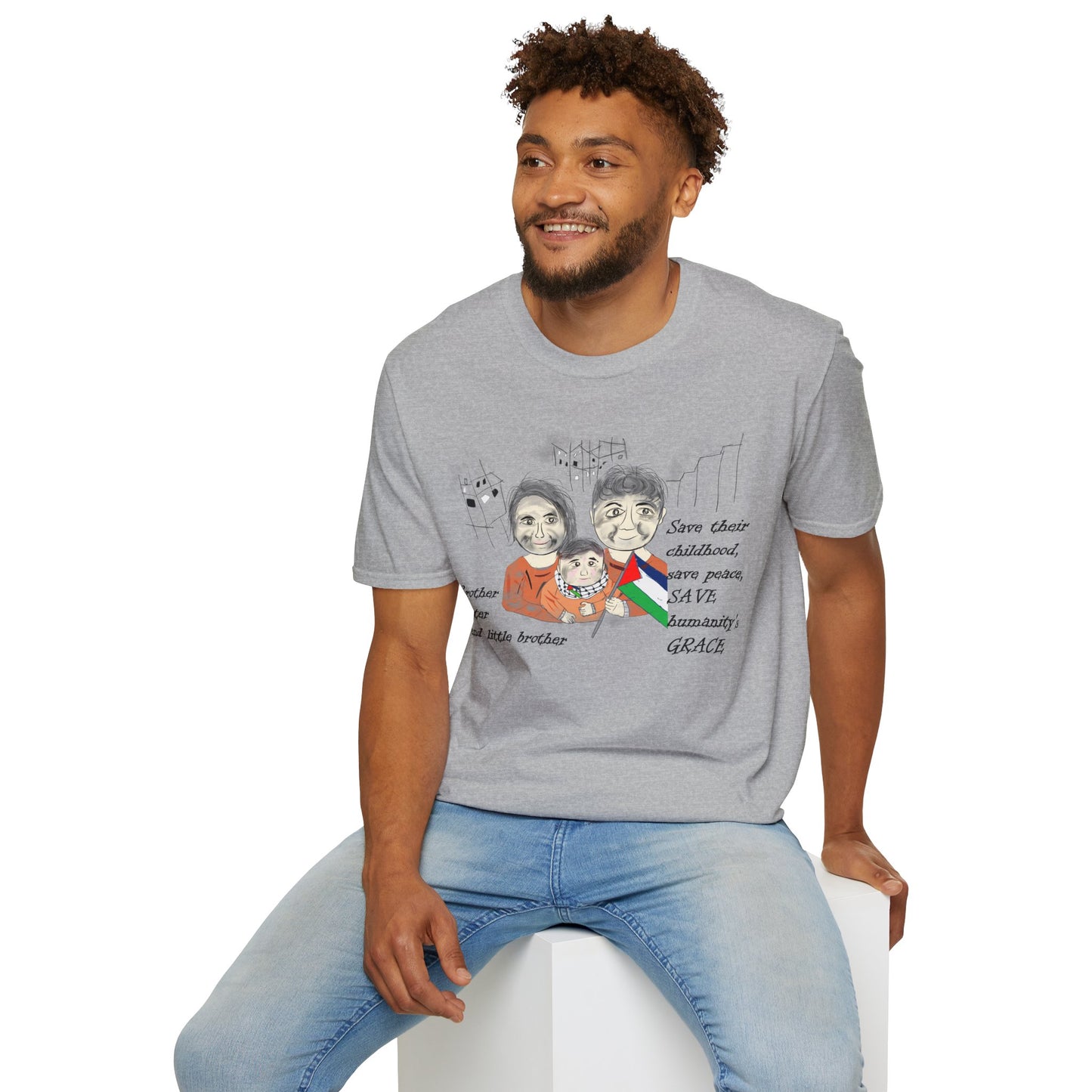 Front view of a man model wearing a gray t-shirt with a Palestinians support graphic design sitting on a white stool.