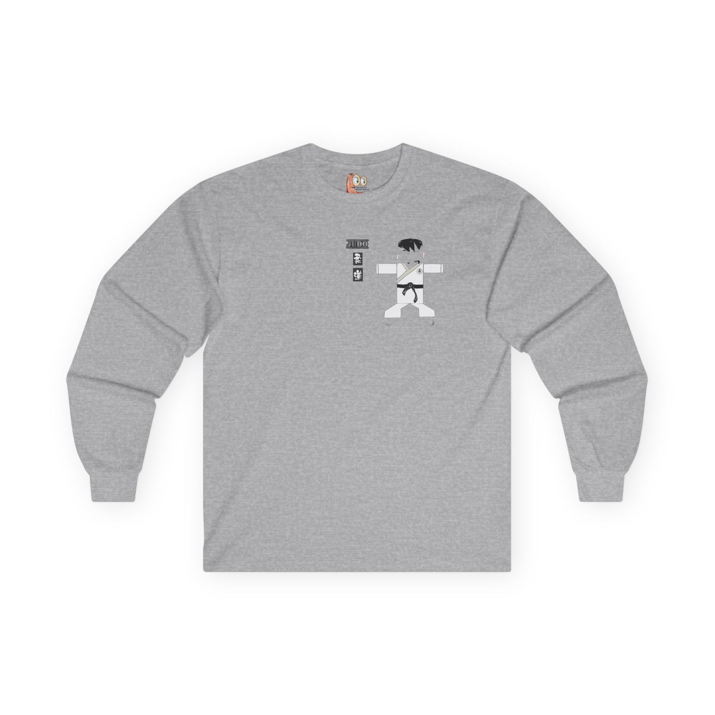 Front view of a gray long-sleeve shirt with a judo man graphic design on a white background