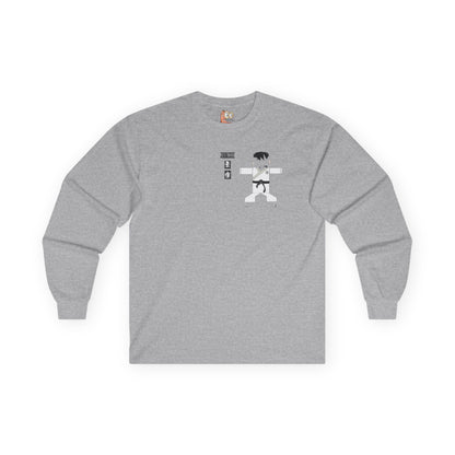 Front view of a gray long-sleeve shirt with a judo man graphic design on a white background