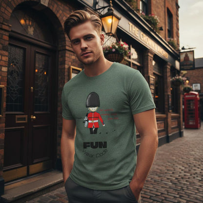 Man wearing a green t-shirt with a royal guardsman graphic design and text 'Fun Wear Code' in an urban setting