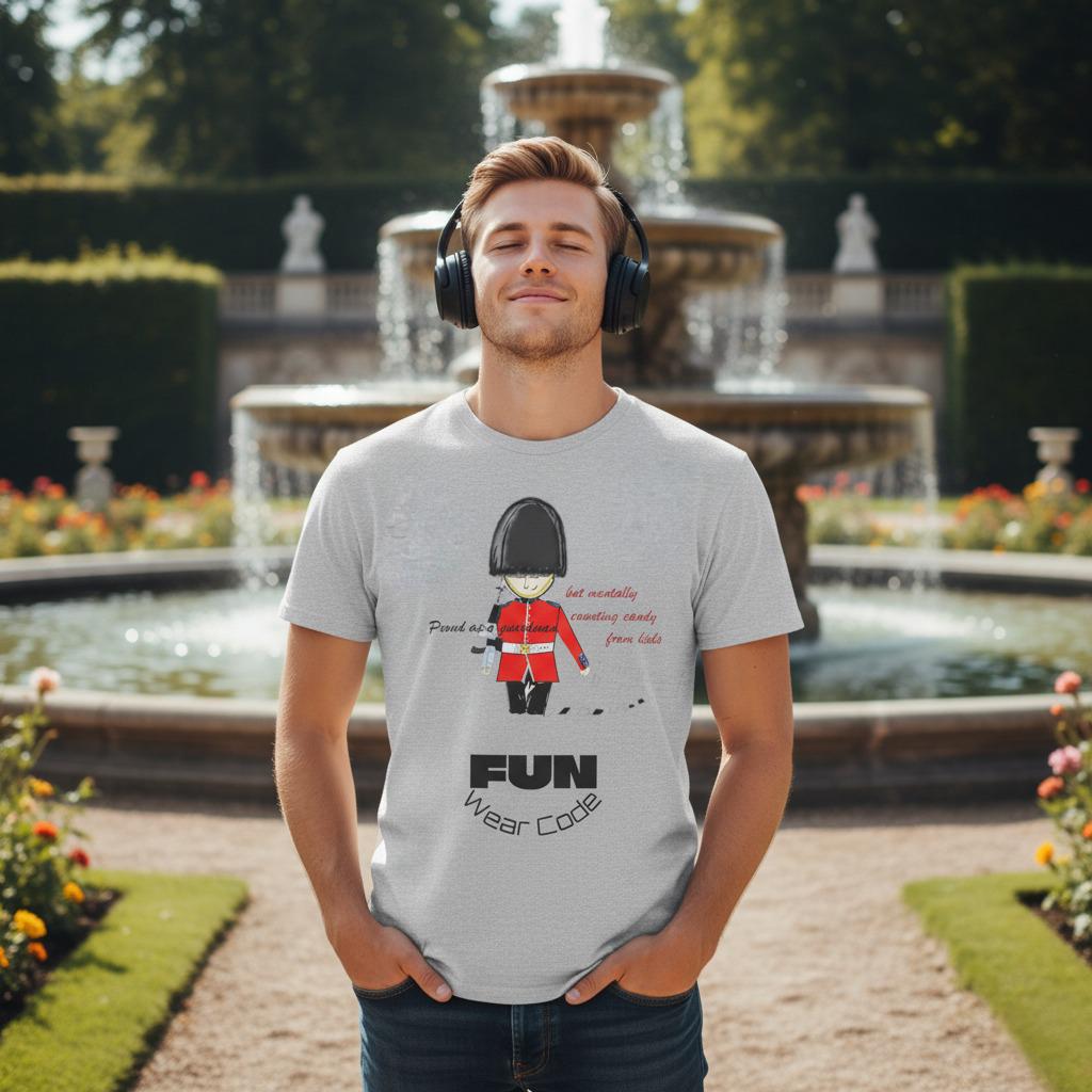 Man wearing a t-shirt with a royal guardsman graphic design and text 'Fun Wear Code' in front of a fountain