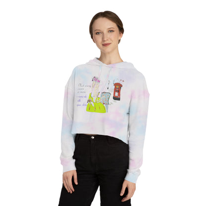 A girl wearing a tie-dye hoodie with a colorful vintage dressed English lady graphic on a white background