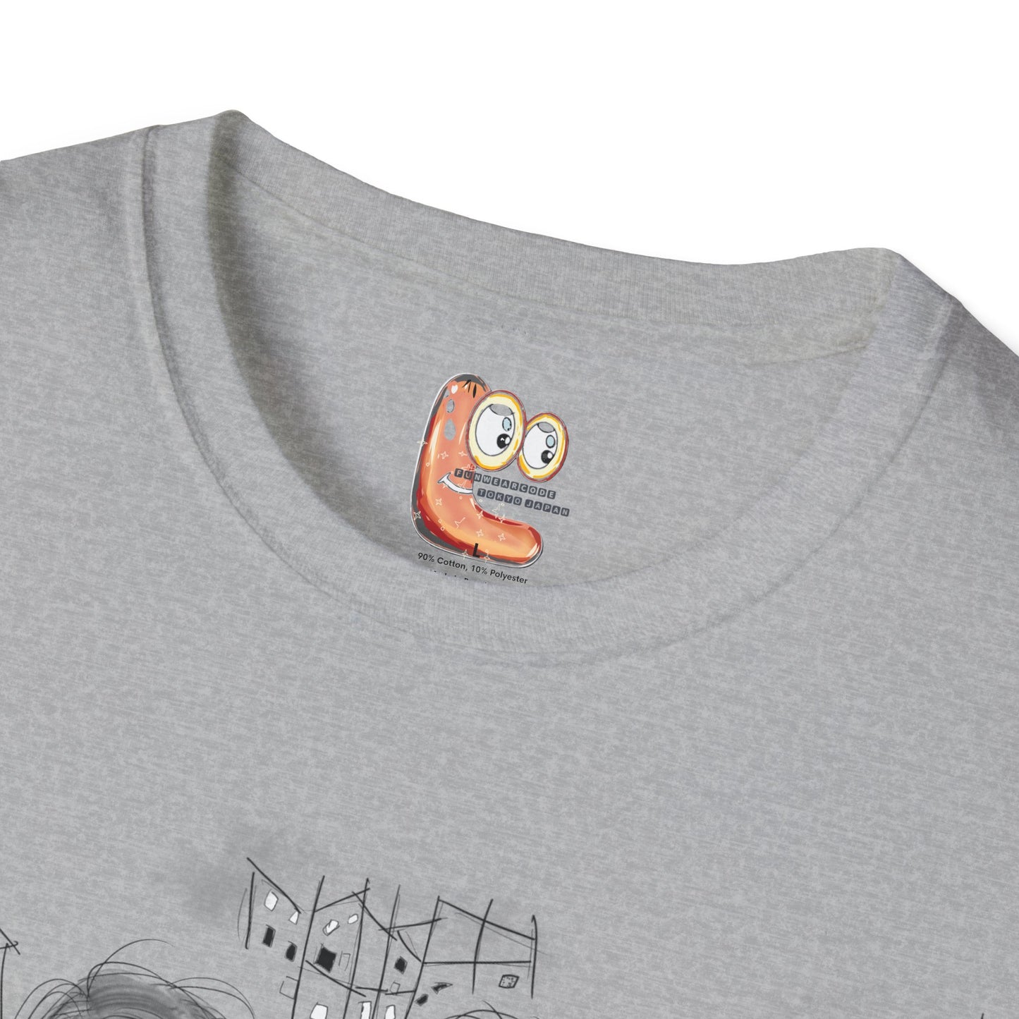 Close view of a gray t-shirt with a FunWearCode cartoon character inner label on the collar area