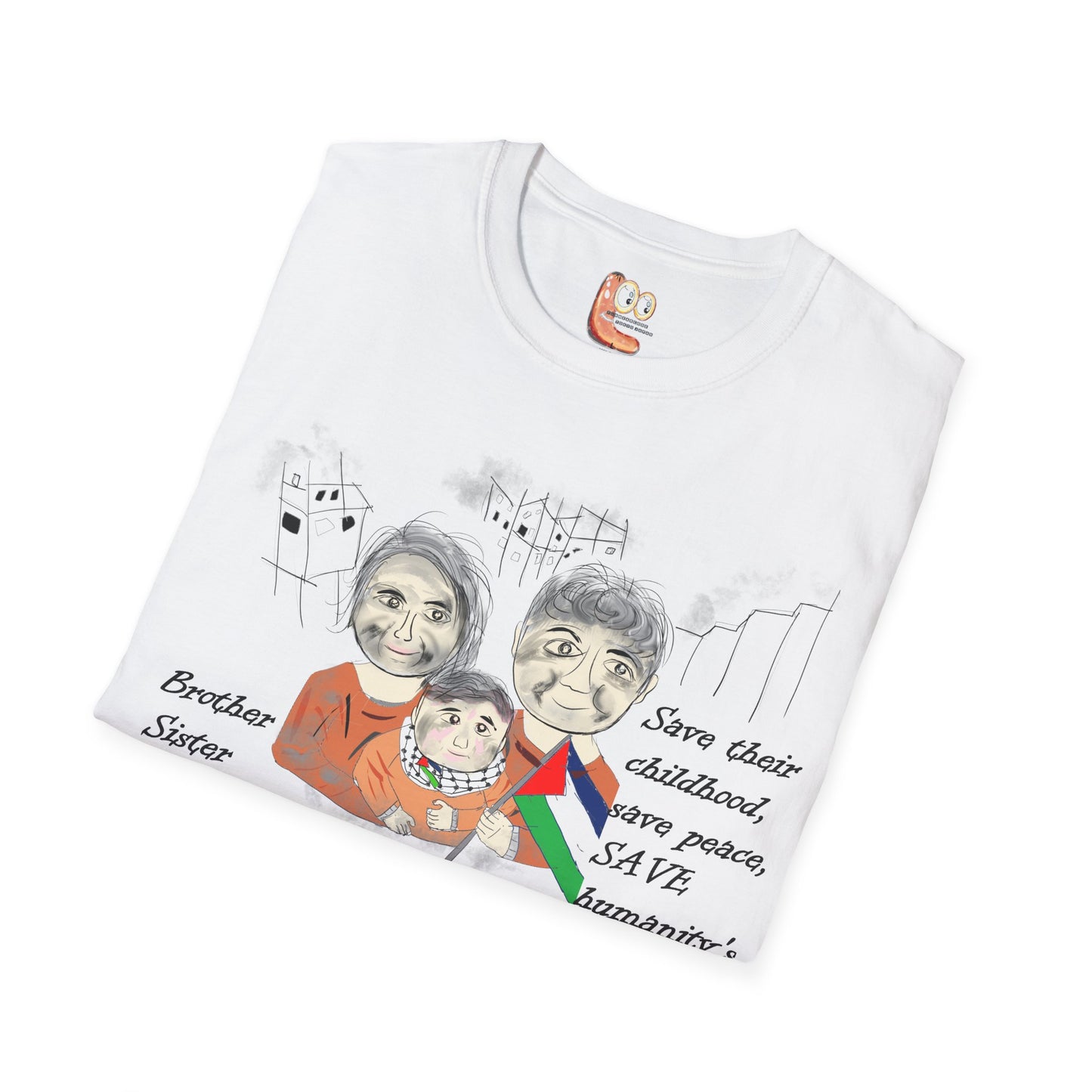 Front view of a folded white t-shirt with a Palestinians support graphic design of three children and text on a white background