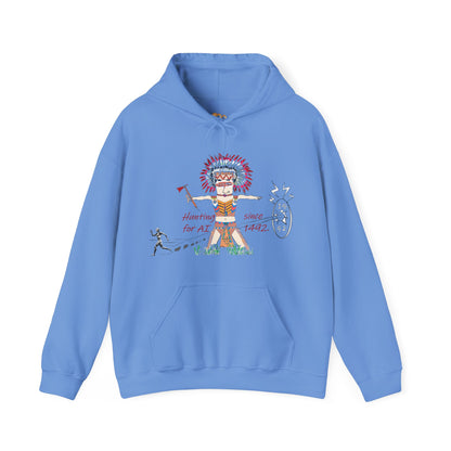 Blue hoodie with a colorful American native Indian graphic design on a white background