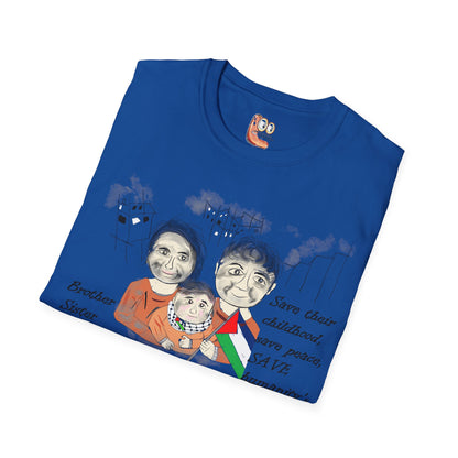Front view of a folded blue t-shirt with a Palestinians support graphic design on a white background