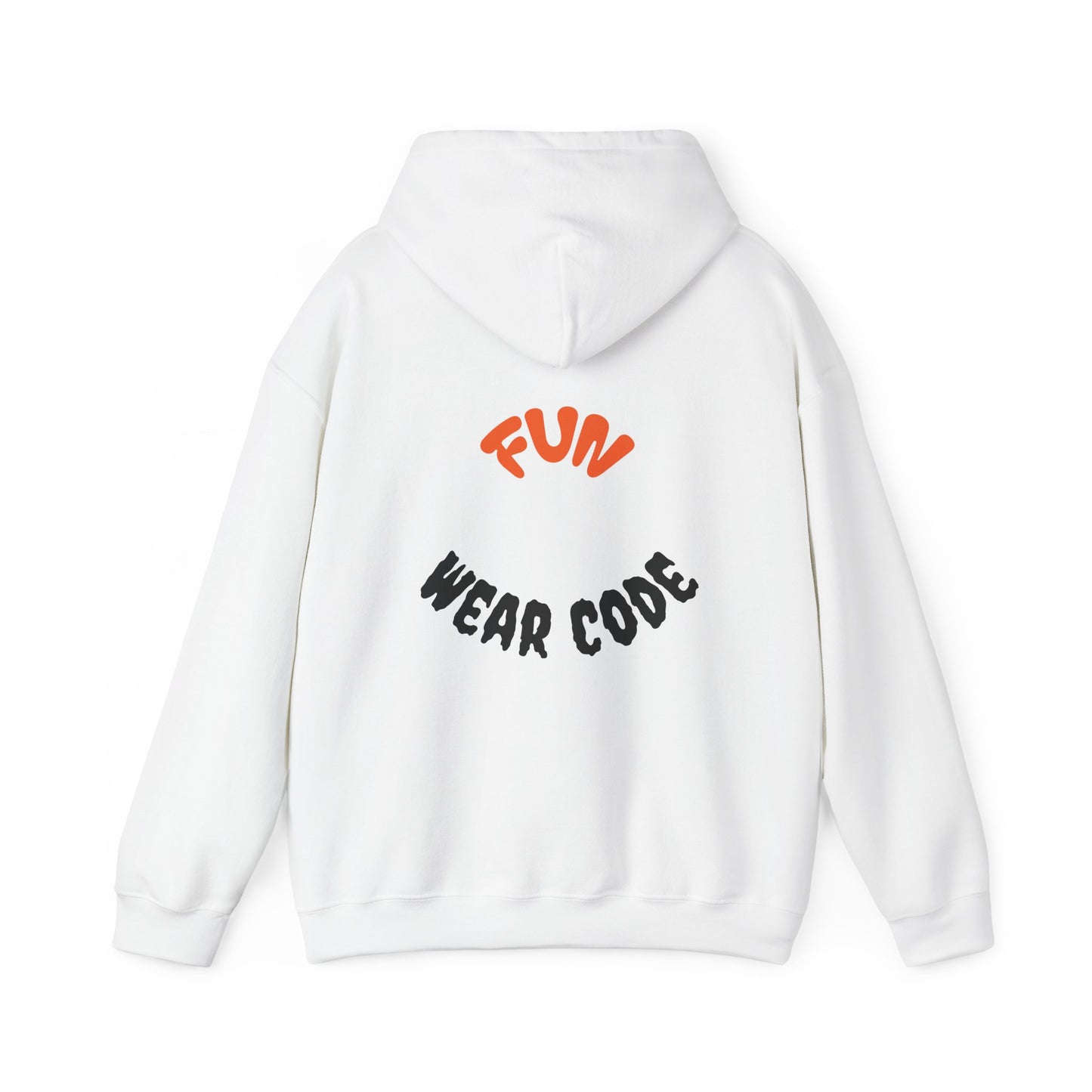 White hoodie with 'Fun Wear Code' text on the back against a white background
