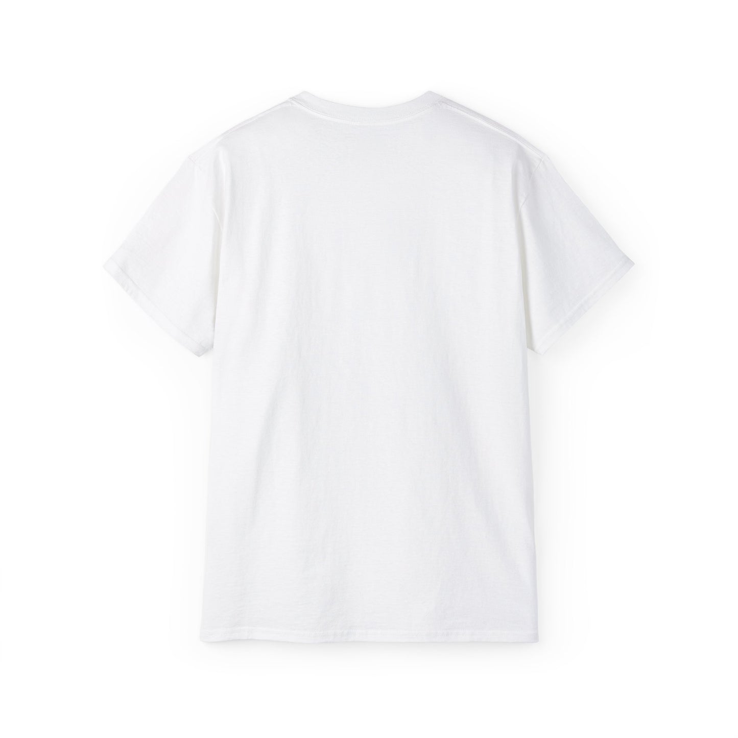 Back view of a white t-shirt on a white background
