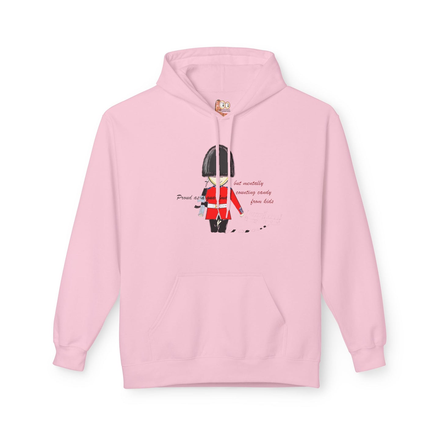 Pink hoodie with a graphic of a royal guardsman in a uniform and text on a white background