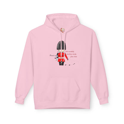 Pink hoodie with a graphic of a royal guardsman in a uniform and text on a white background