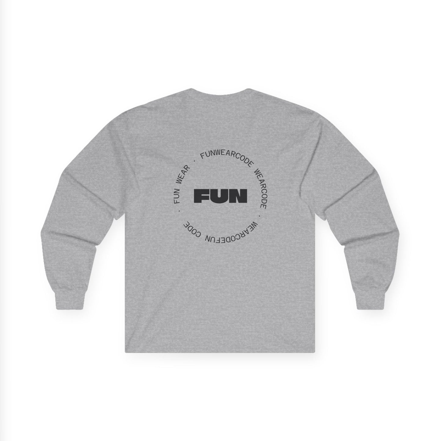 Back view of a gray long-sleeve shirt with a FUN graphic design on a white background