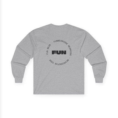 Back view of a gray long-sleeve shirt with a FUN graphic design on a white background