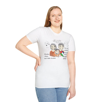 Front view of a lady model wearing a white t-shirt with a Palestinians support graphic design on a plain background