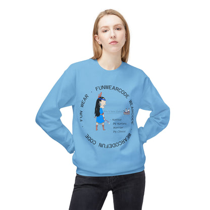 A girl wearing a blue sweatshirt with an American Indian woman graphic design and text 'Fun Wear Code' on a white background