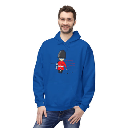 Person wearing a blue hoodie with a playful royal guardsman graphic design on a white background