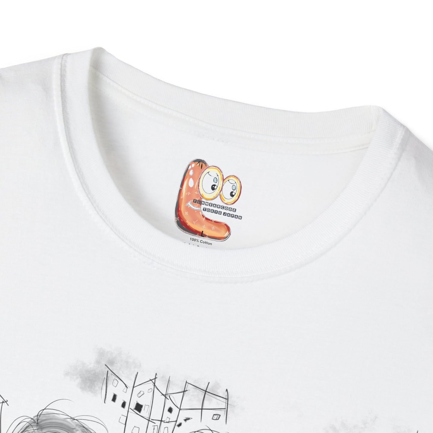 Close view of white t-shirt with a FunWearCode cartoon graphic inner label design on collar area